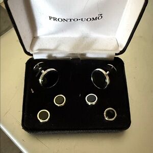 Pronto Uomo Silver and Black Cuff Links Set
